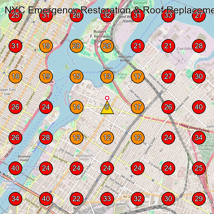 NYC Emergency Restoration & Roof Replacement GeoGrid visibility map for Water Damage Restoration Service in None